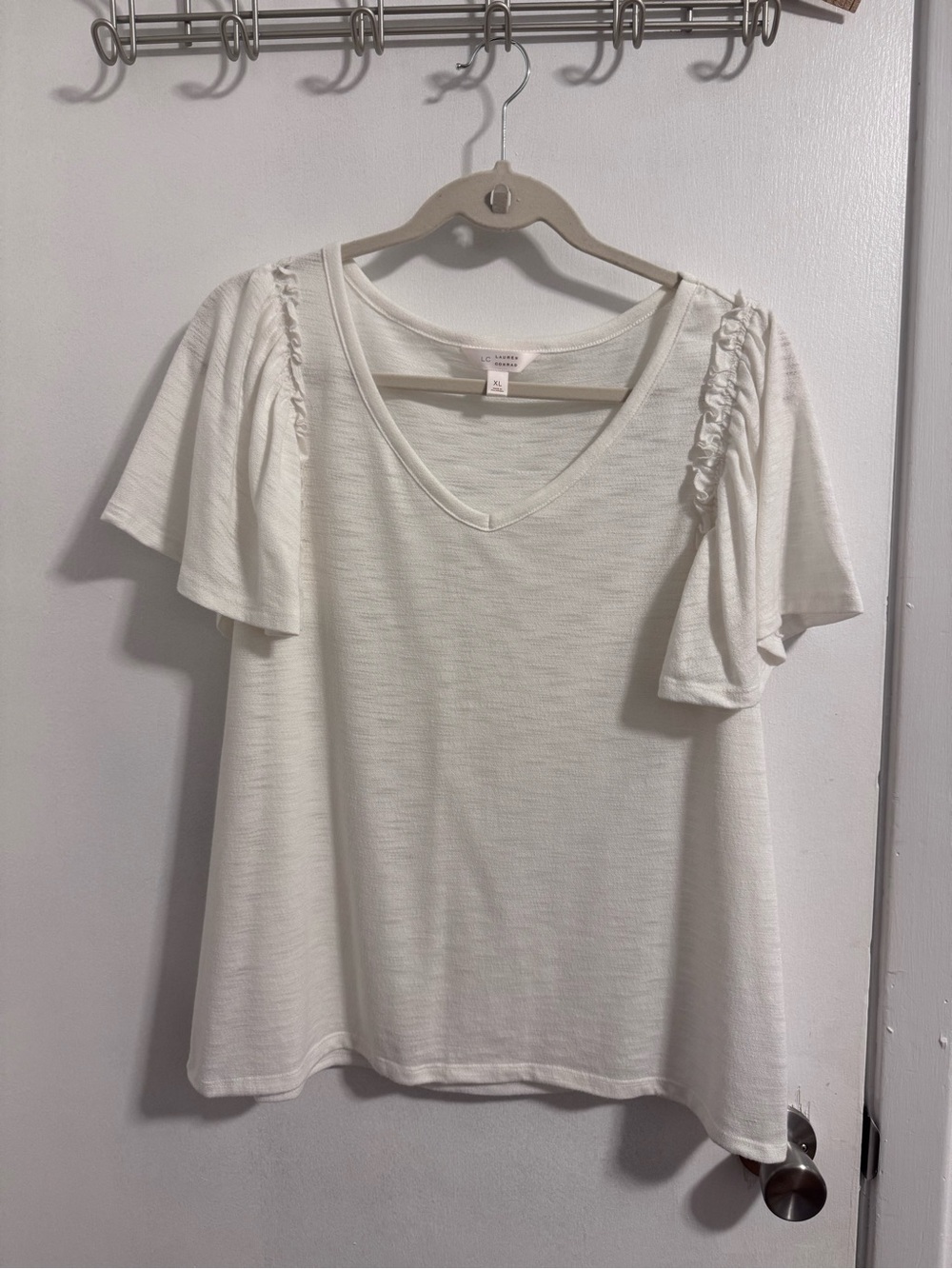 LC Lauren Conrad WhiteV-Neck Short Sleeve Top with Ruffle Detail